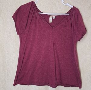 Misia Women's Vintage V-Neck Slub Knit Tee Blouse Red Size Large